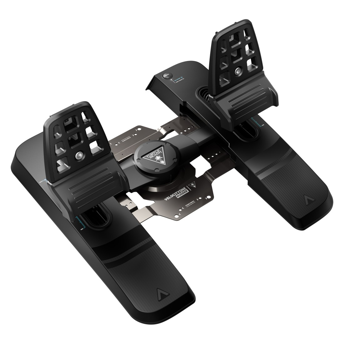 Ein schwarzes Flugsimulator-Pedal-Set mit zwei Fußpedalen und einem zentralen Regler.