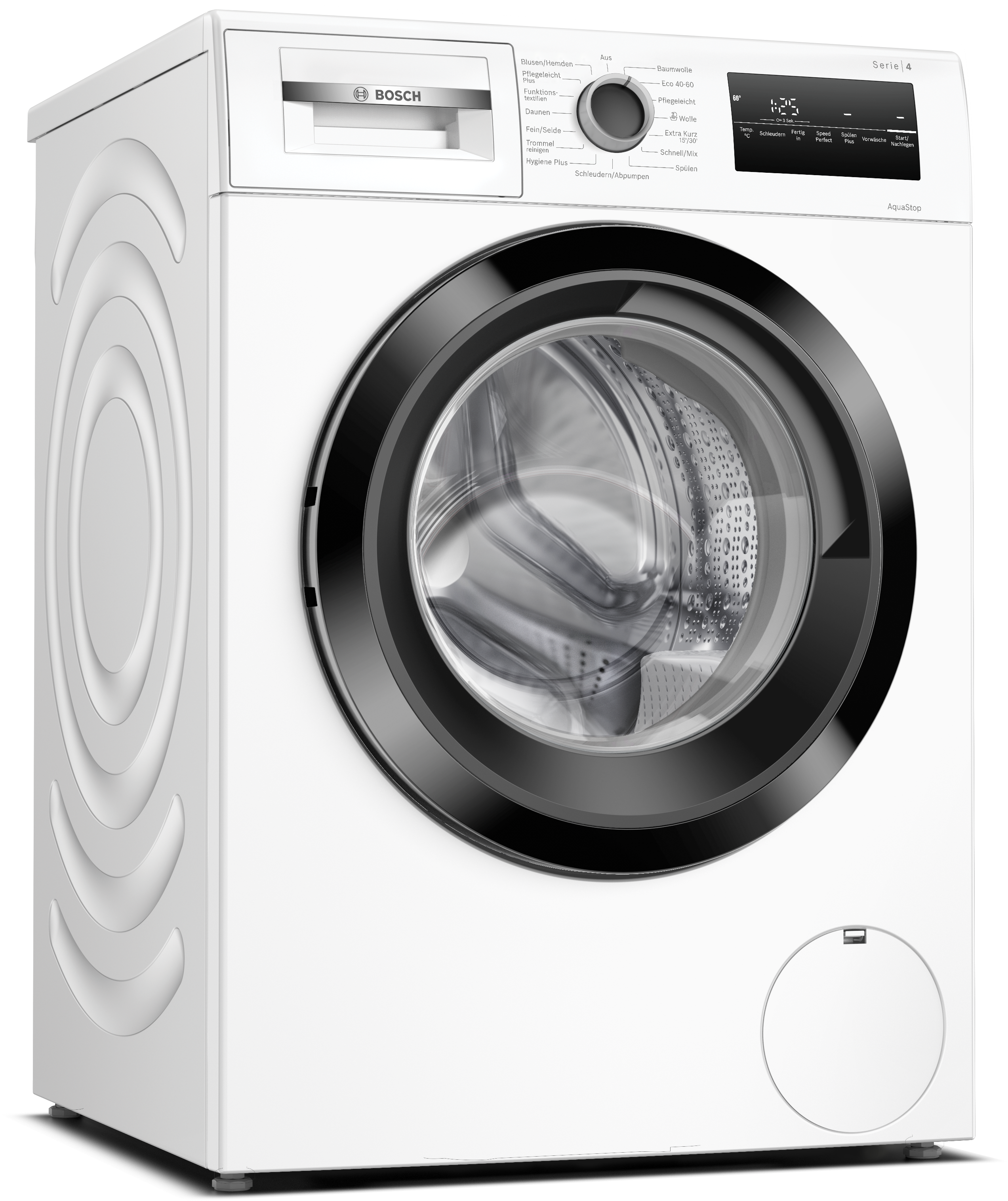 Weiße Waschmaschine mit schwarzem Türrahmen.