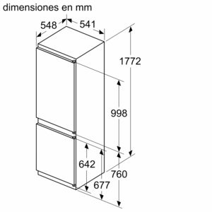 Diagrama de un refrigerador con dimensiones en mm. Muestra las medidas de altura, ancho y profundidad.