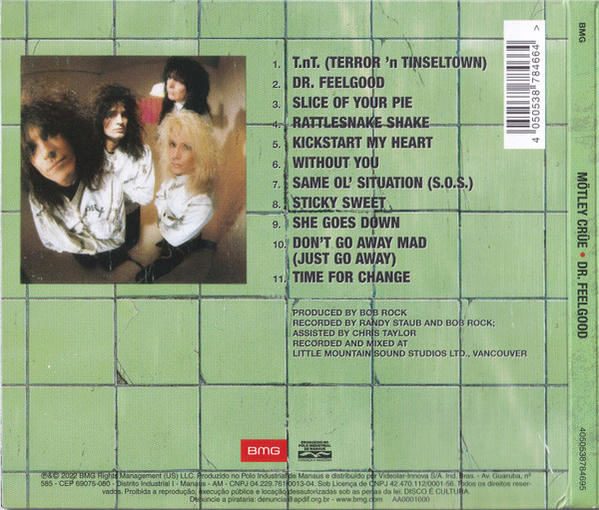 A Mötley Crüe Dr. Feelgood albumjának borítója. A zenekart és a számlistát tartalmazza. Zöld háttér, zenekari tagok fehér ingben.