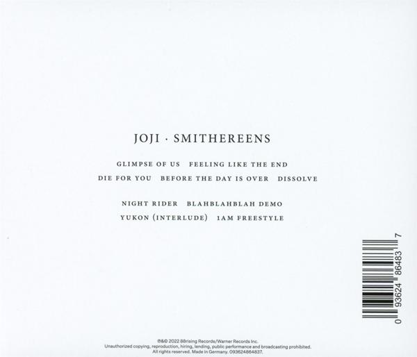Albumtitel und Songliste von Joji Smithereens auf weißem Hintergrund mit Barcode.