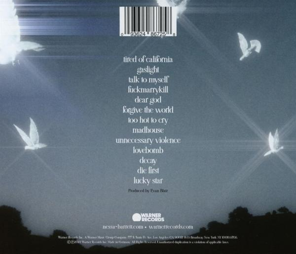 Album-Rückseite mit Titeln und Credits. Weißer Text auf blauem Hintergrund.