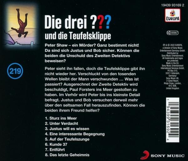 Buchcover mit deutschem Text und einer roten, fallenden Figur, aus der 'Die drei ???' Serie.