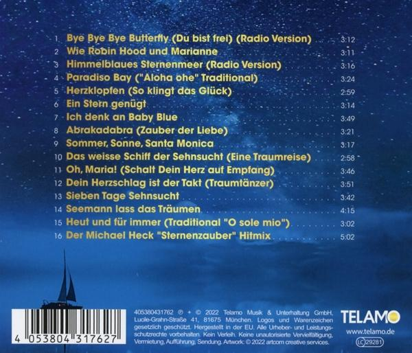 CD mit einer Liste von Liedern. Die CD ist blau mit Text auf sternenklarem Hintergrund.