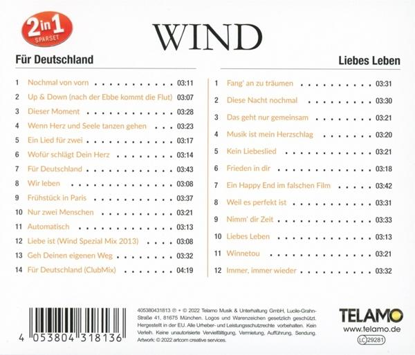 Ein CD-Cover mit Titellisten. Der Titel lautet WIND und das Cover ist weiß.