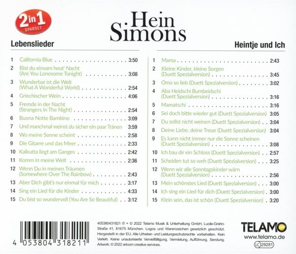 Rückseite einer CD-Hülle mit Titelliste von Hein Simons auf Deutsch.