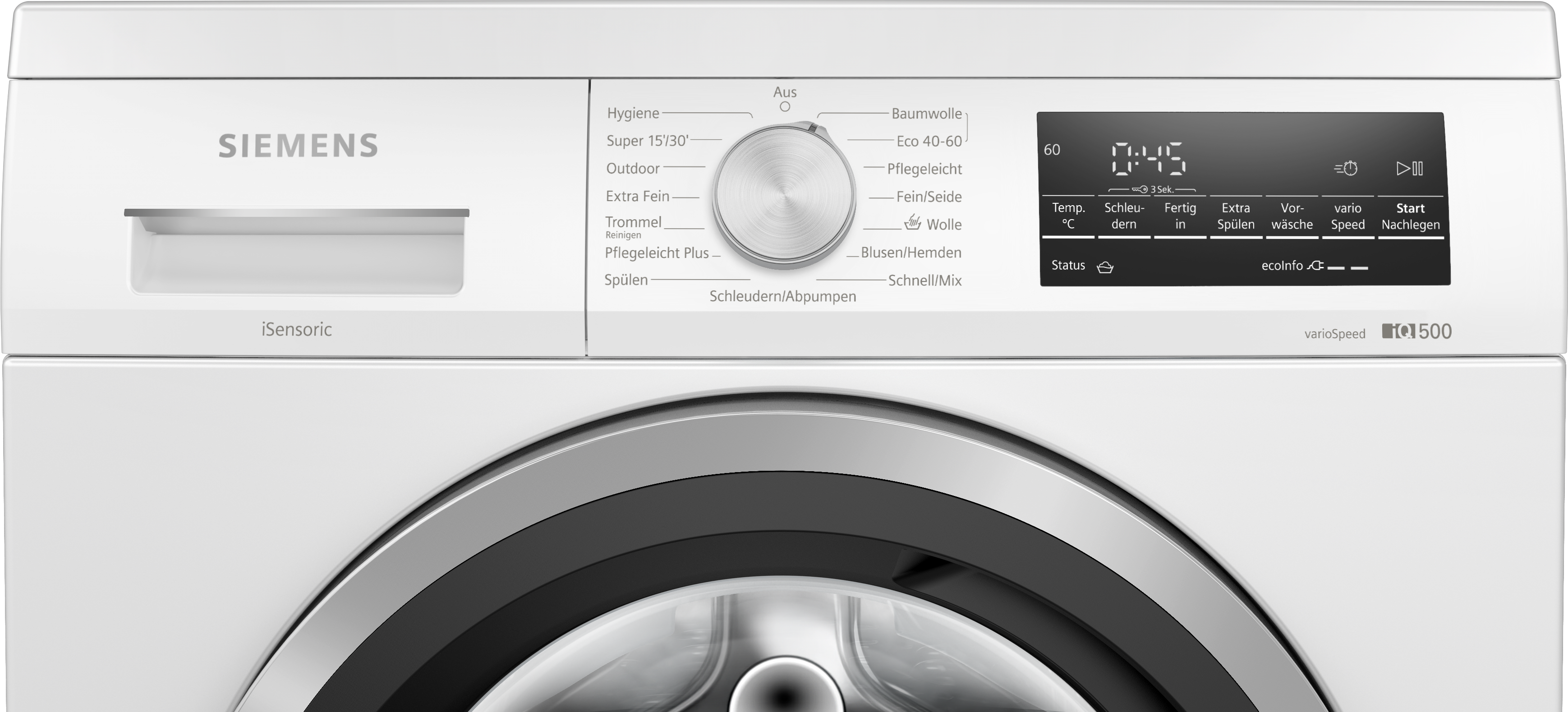 Eine weiße Siemens Waschmaschine mit Bedienfeld, Drehregler und Digitalanzeige für Zeit- und Temperatureinstellungen.