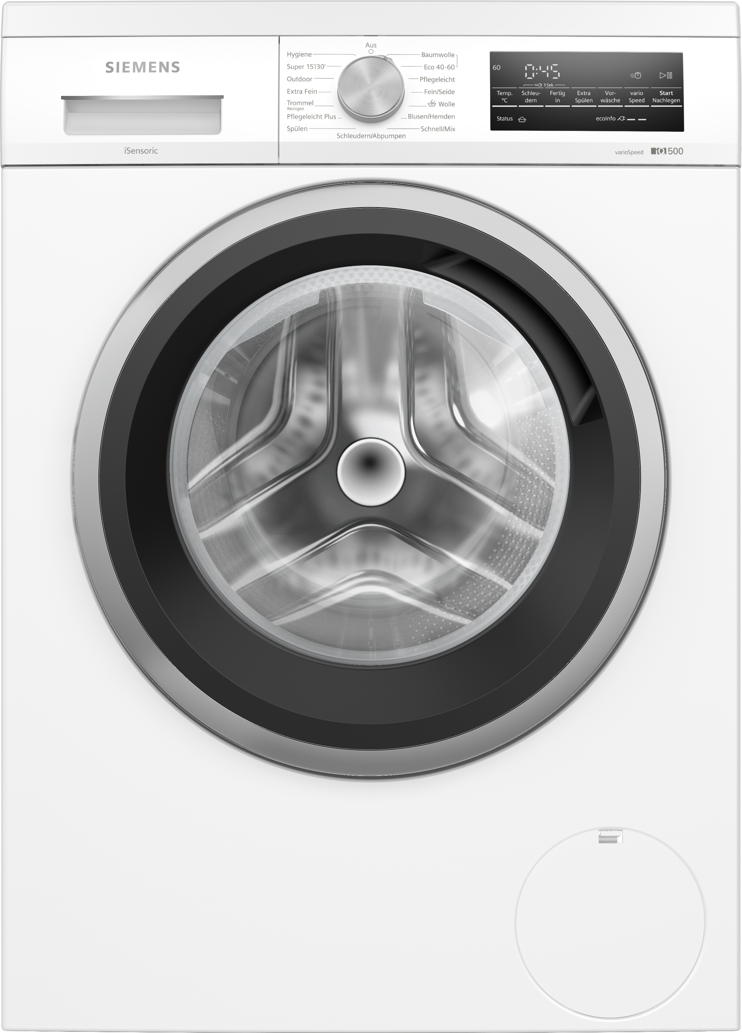 Eine weiße Siemens-Waschmaschine mit schwarzer Tür und Bedienfeld. Die Tür hat ein Glasfenster.
