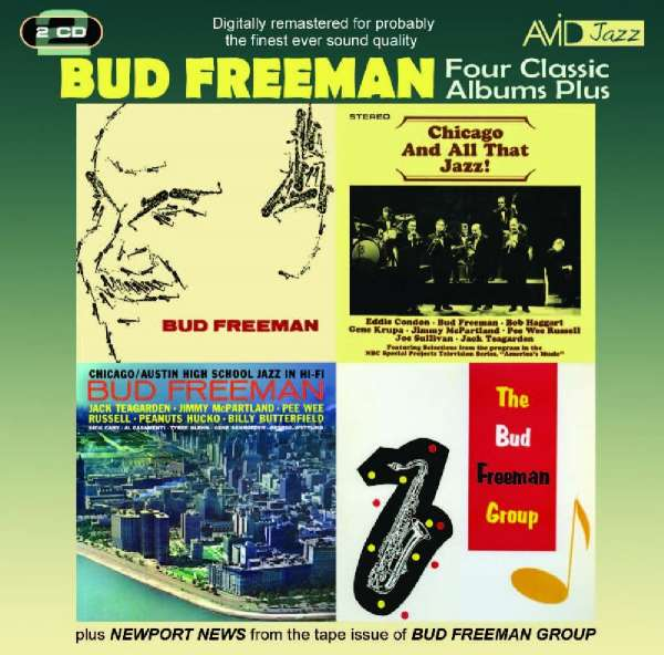 Album borító: Bud Freeman. Négy albumborító egy képen. Fekete-fehér és színes.