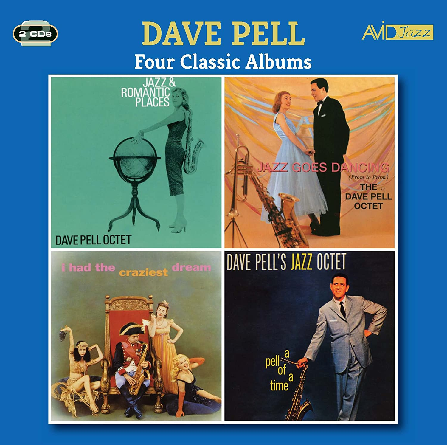 Album borítók: Négy klasszikus album Dave Pell-től. Jazz és romantikus témák, vintage esztétikával.