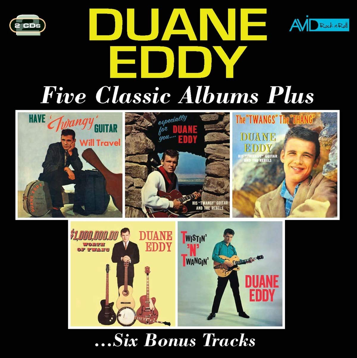 Öt Duane Eddy album borító. Szöveg és képek láthatók. '2 CDs' logó látható.