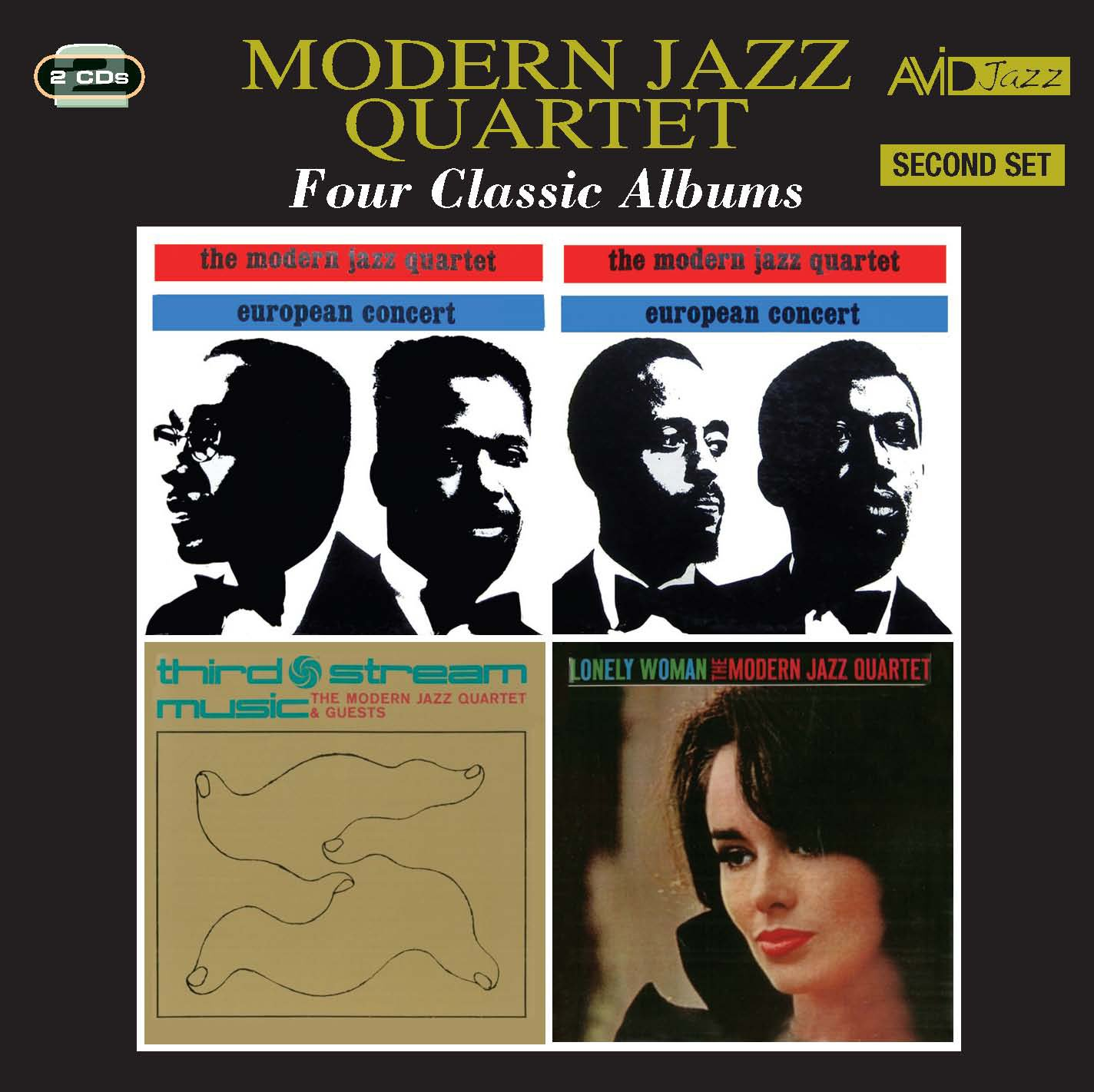Modern Jazz Quartet Four Classic Albums album borítója. Négy album borítóját mutatja képekkel.