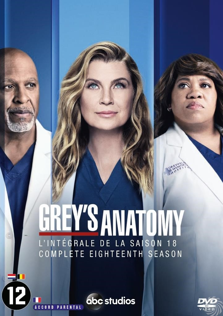 Grey's Anatomy dvd-hoes. Drie mensen in witte jassen met de titel van de show.