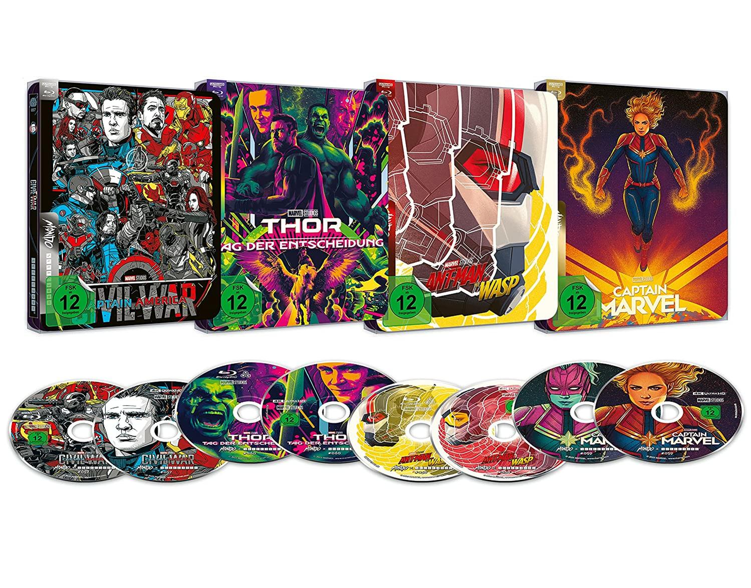 Mehrere Blu-ray- und DVD-Hüllen und -Discs von Marvel-Filmen mit verschiedenen Charakteren.