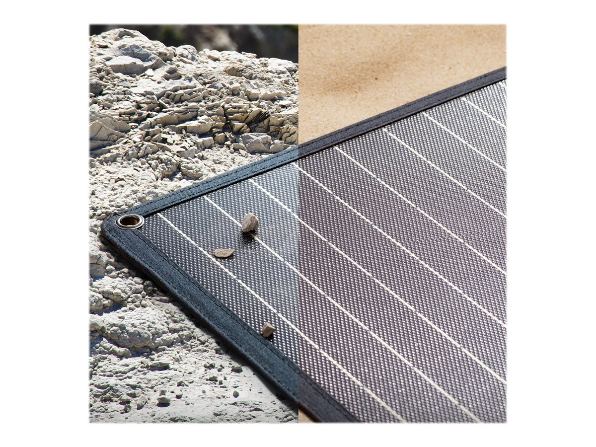 Solarpanel mit Steinen. Der Einsatz zeigt eine felsige Oberfläche.