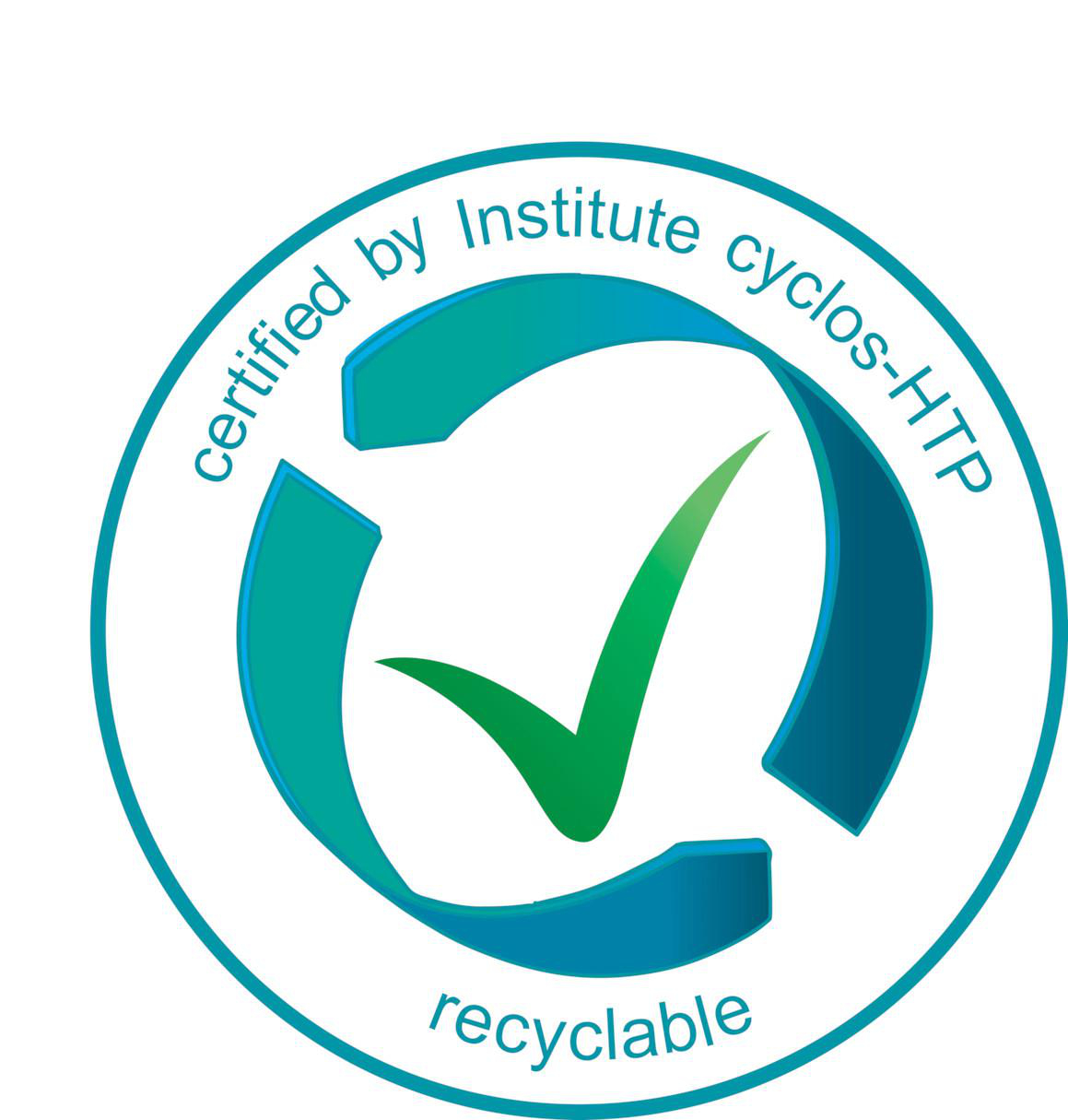 Ein grünes und blaues Recycling-Logo mit einem Häkchen, zertifiziert vom Institut cyclos-HTP.