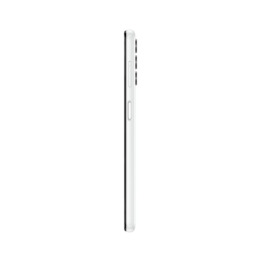 Yanından görülen beyaz bir akıllı telefon, düğmeler ve kamera bulunan kenarı gösteriyor.