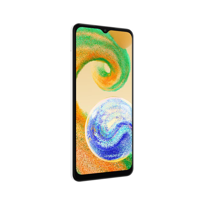 Renkli bir ekranı olan beyaz bir akıllı telefon, bir renk girdabı gösteriyor. Telefonun beyaz bir çerçevesi var.