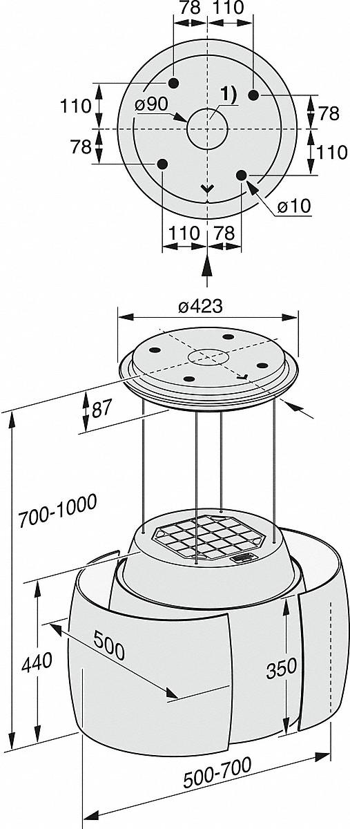 Technische Zeichnung eines Küchenbauteils mit Maßen und Details.