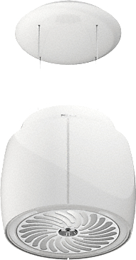 Weiße Küchenhaube mit unterem Licht. Die Form ist oval, mit einem Lüfter am Boden.