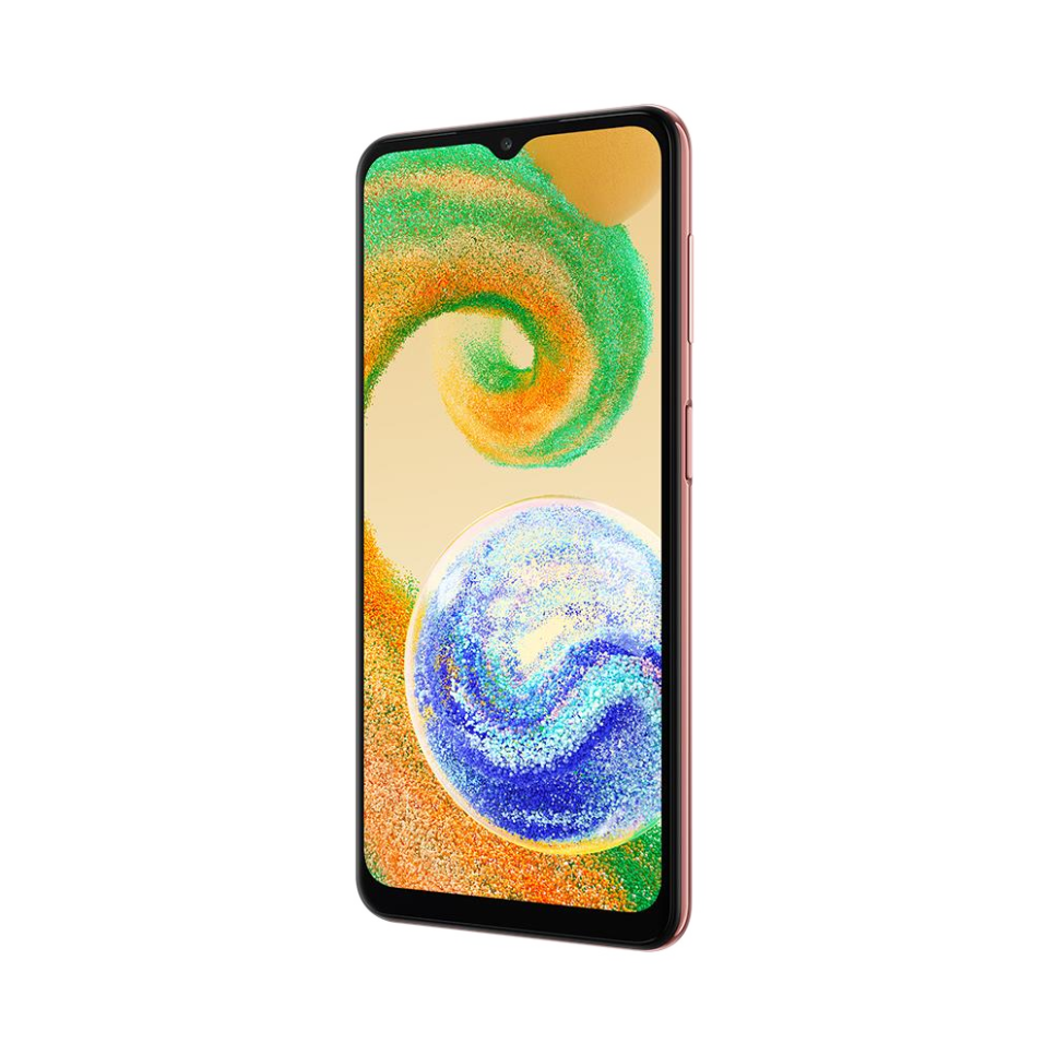 Renkli ekranı olan pembe bir akıllı telefon, yandan görünüm.