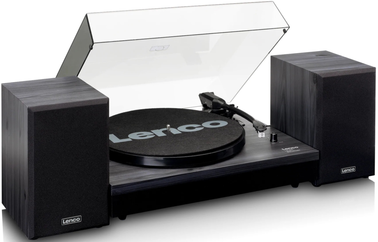 Record player with two speakers. Lenco brand name is visible.