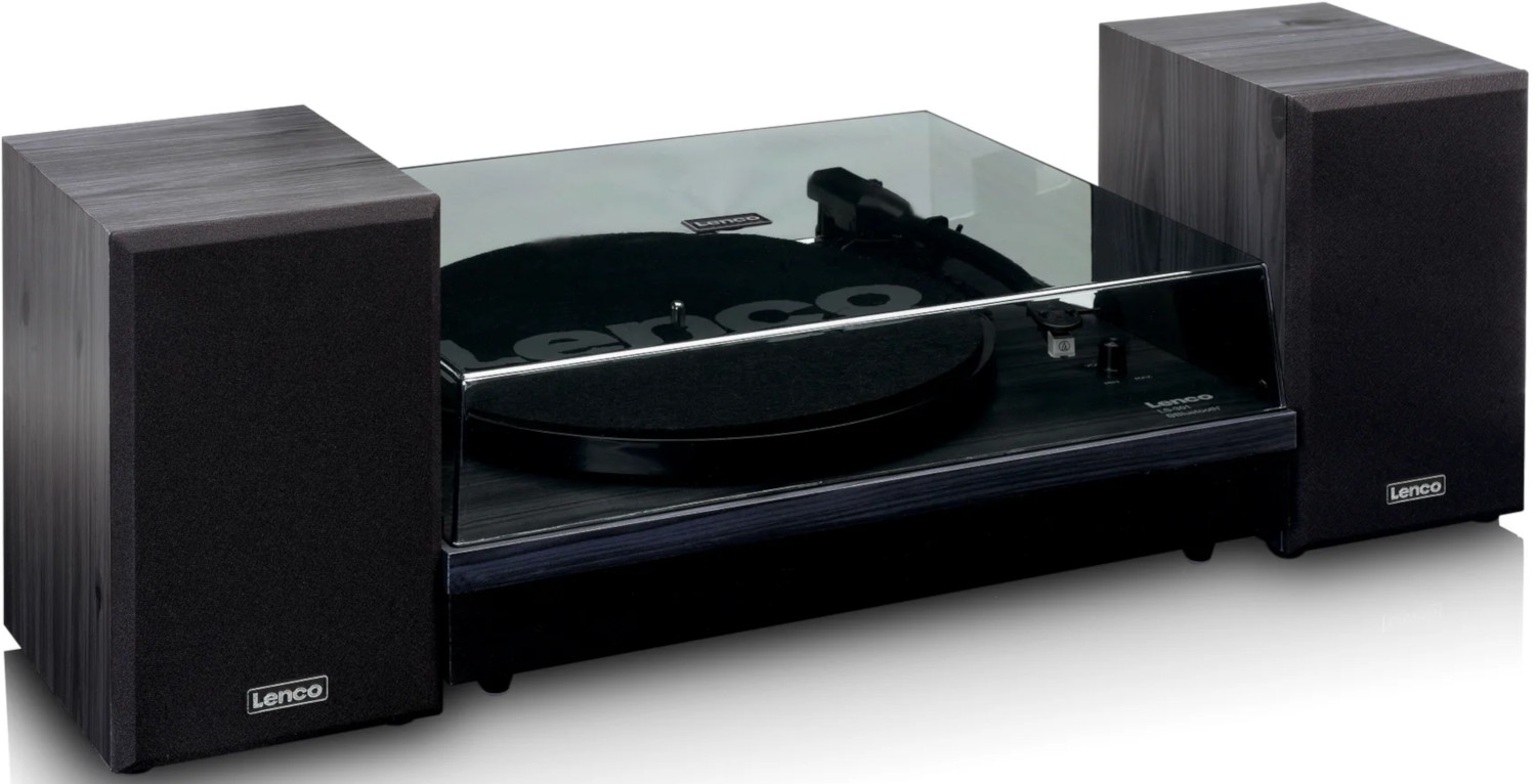 Black Lenco turntable with two black speakers. The turntable has a glass cover. White background.
