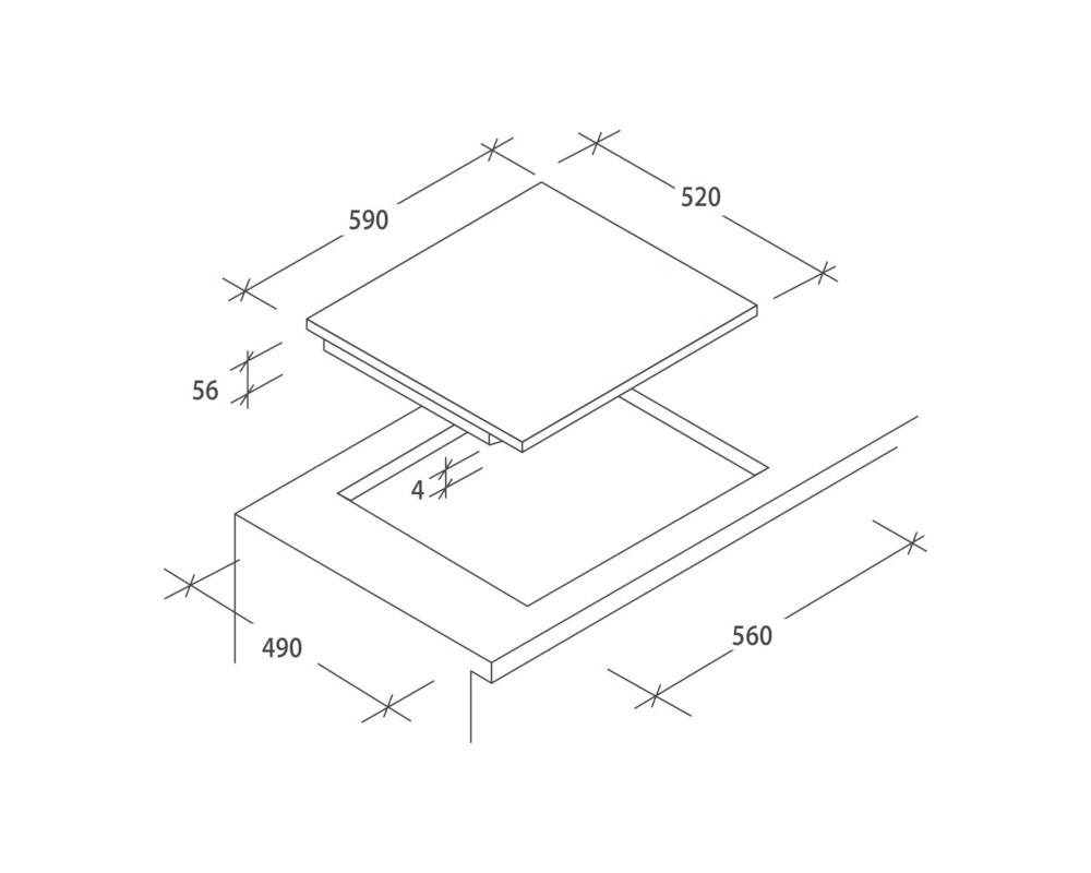 Diagrama de una placa de cocina con dimensiones, que muestra la colocación y un recorte para la instalación.