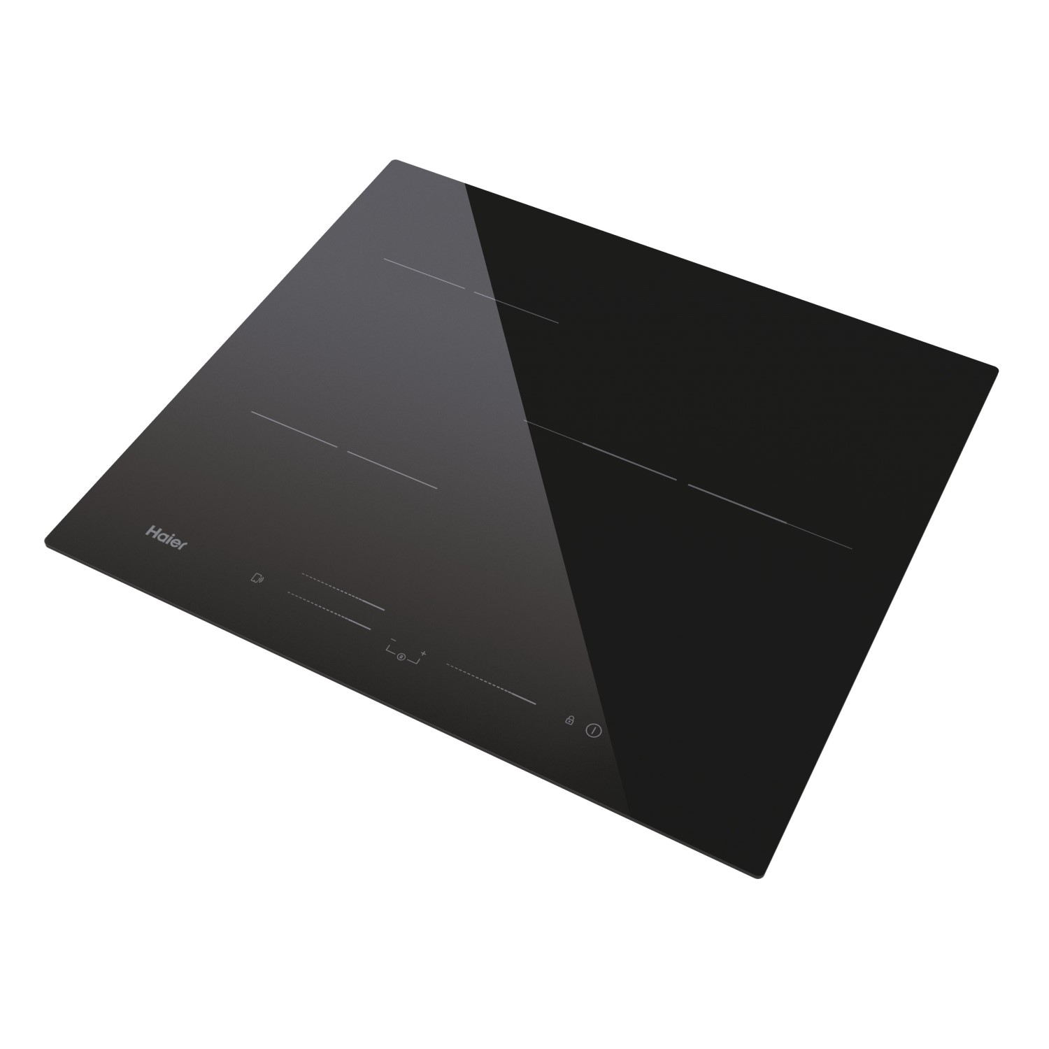 Placa de inducción negra con cuatro fuegos y superficie de vidrio. Logotipo de Haier visible.