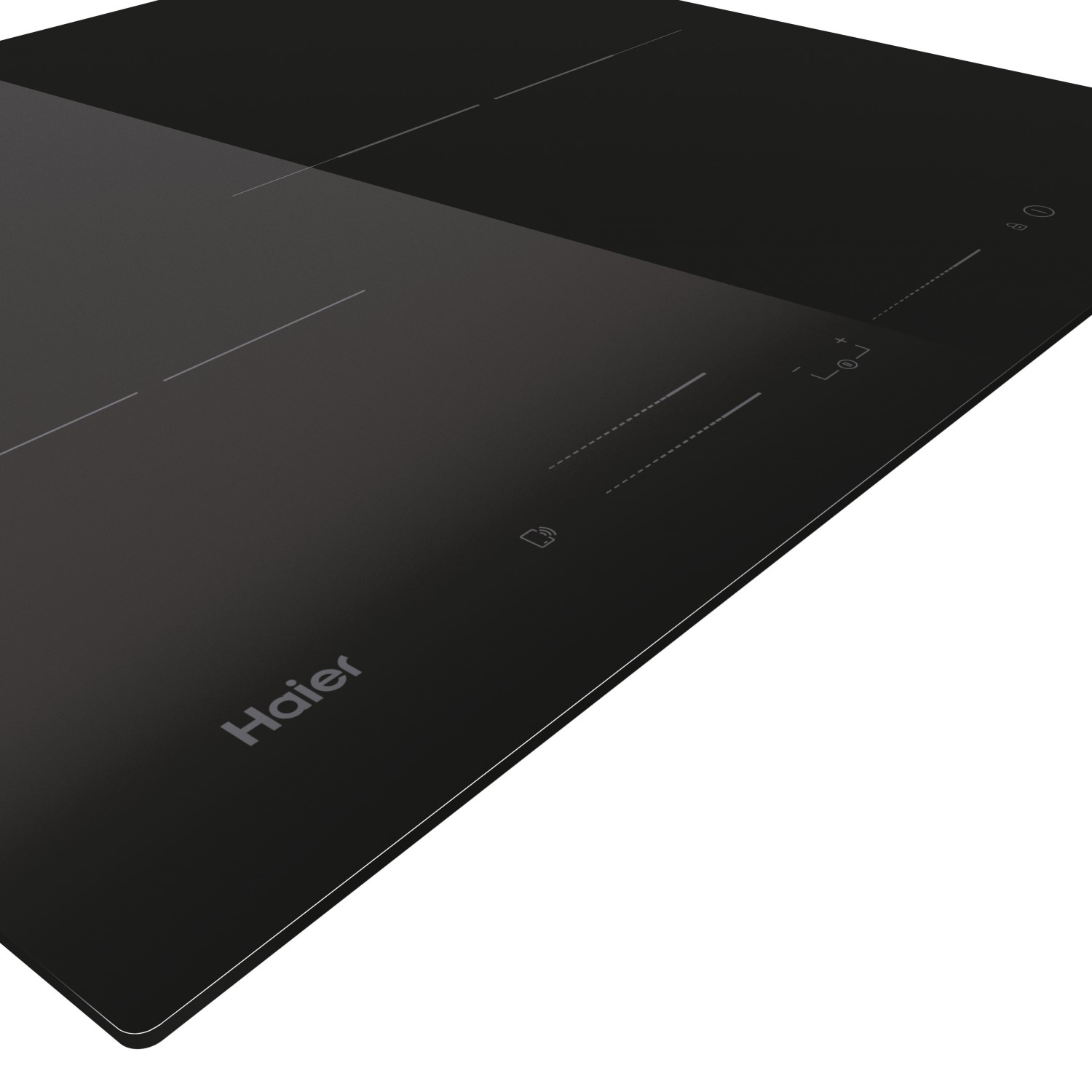 Placa de inducción Haier negra, mostrando zonas de cocción y controles táctiles en diagonal.