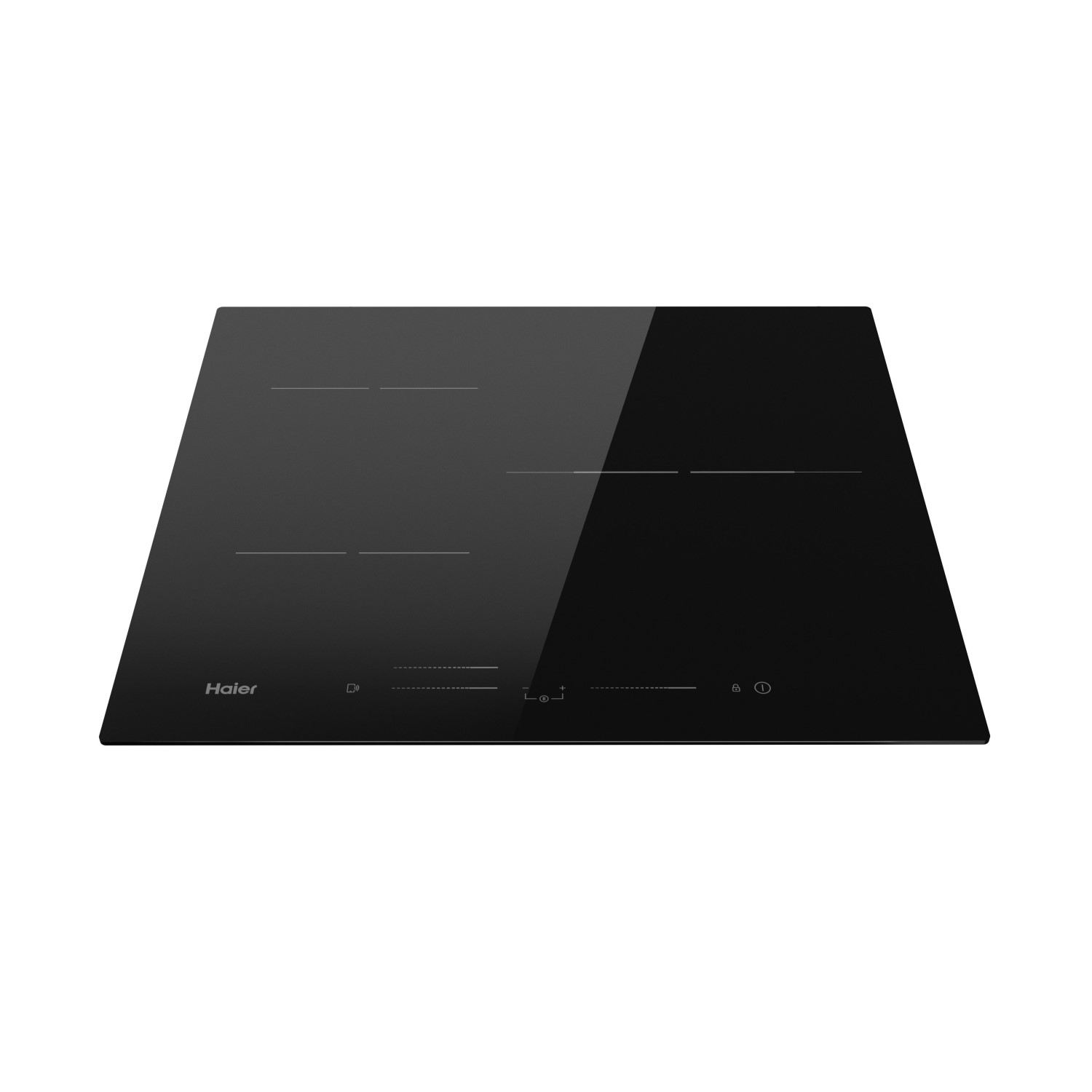 Placa de inducción negra con cuatro quemadores. Logo Haier visible en la parte frontal.