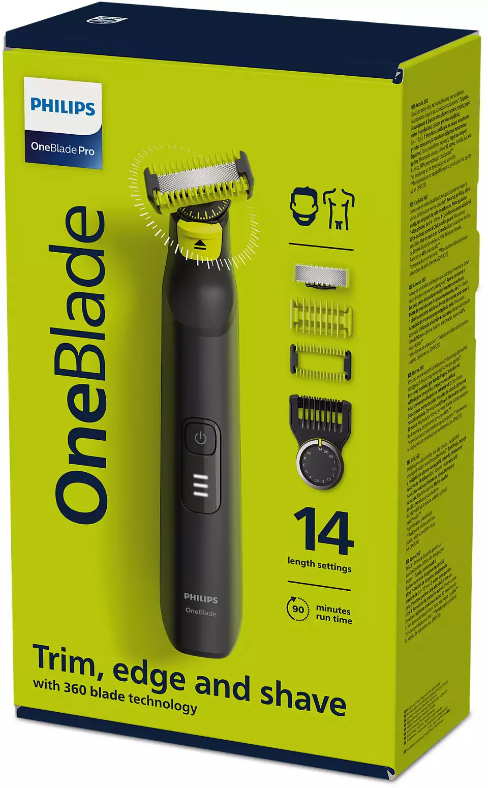 Philips OneBlade Pro met groen-zwarte verpakking. Bevat 14 lengte-instellingen en 90 min runtime.