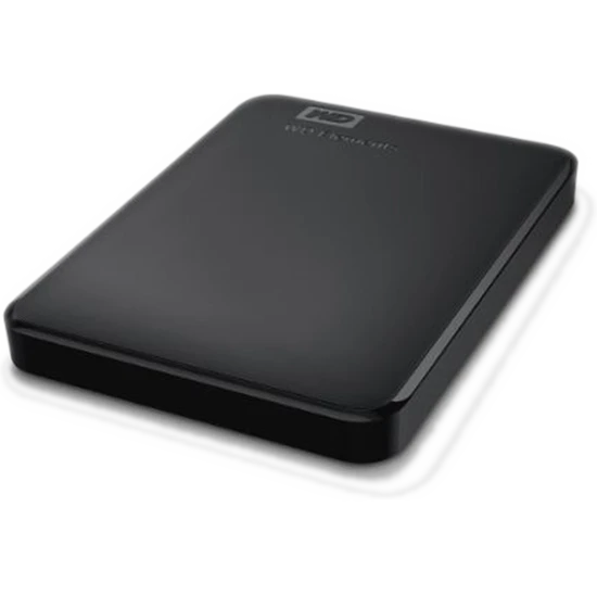 Siyah sabit disk. Dikdörtgen ve parlaktır, üzerinde 'WD Elements' yazılıdır.
