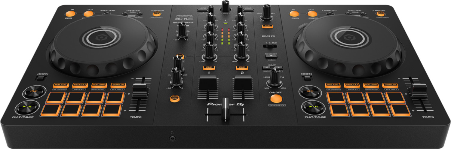 Black DJ controller with orange buttons and knobs.