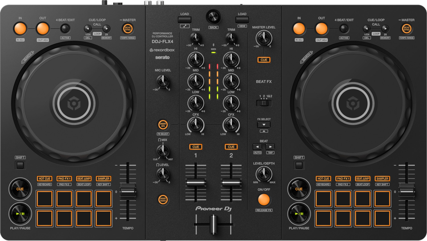 A black DJ controller with buttons, knobs, and two turntables. Pioneer Dj logo.