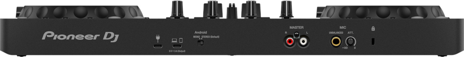 Black Pioneer DJ controller. Top view, showing inputs, outputs, and controls.