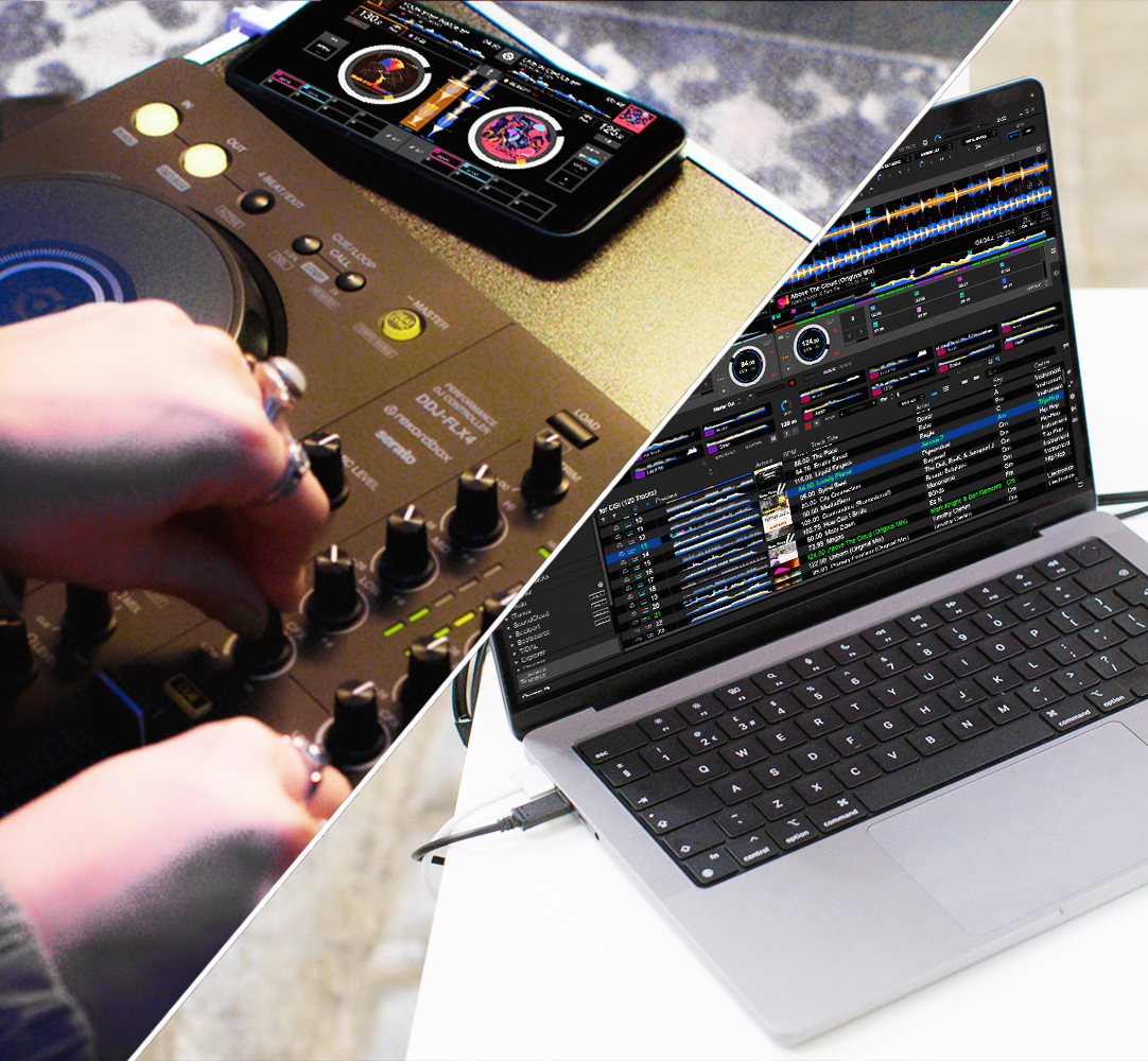 DJ setup: DJ mixer and laptop with DJ software interface on a gray surface.
