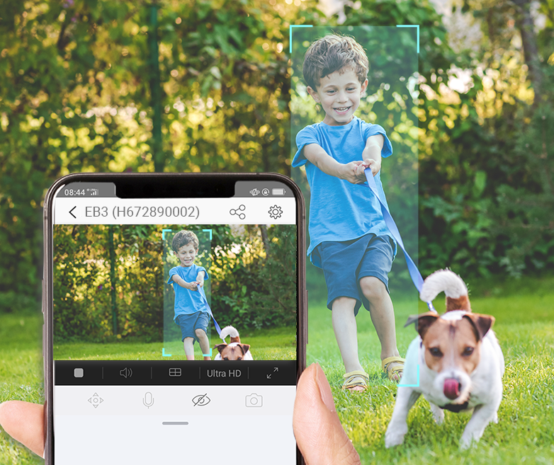 Un niño y un perro. Pantalla del teléfono muestra la misma escena con funciones.