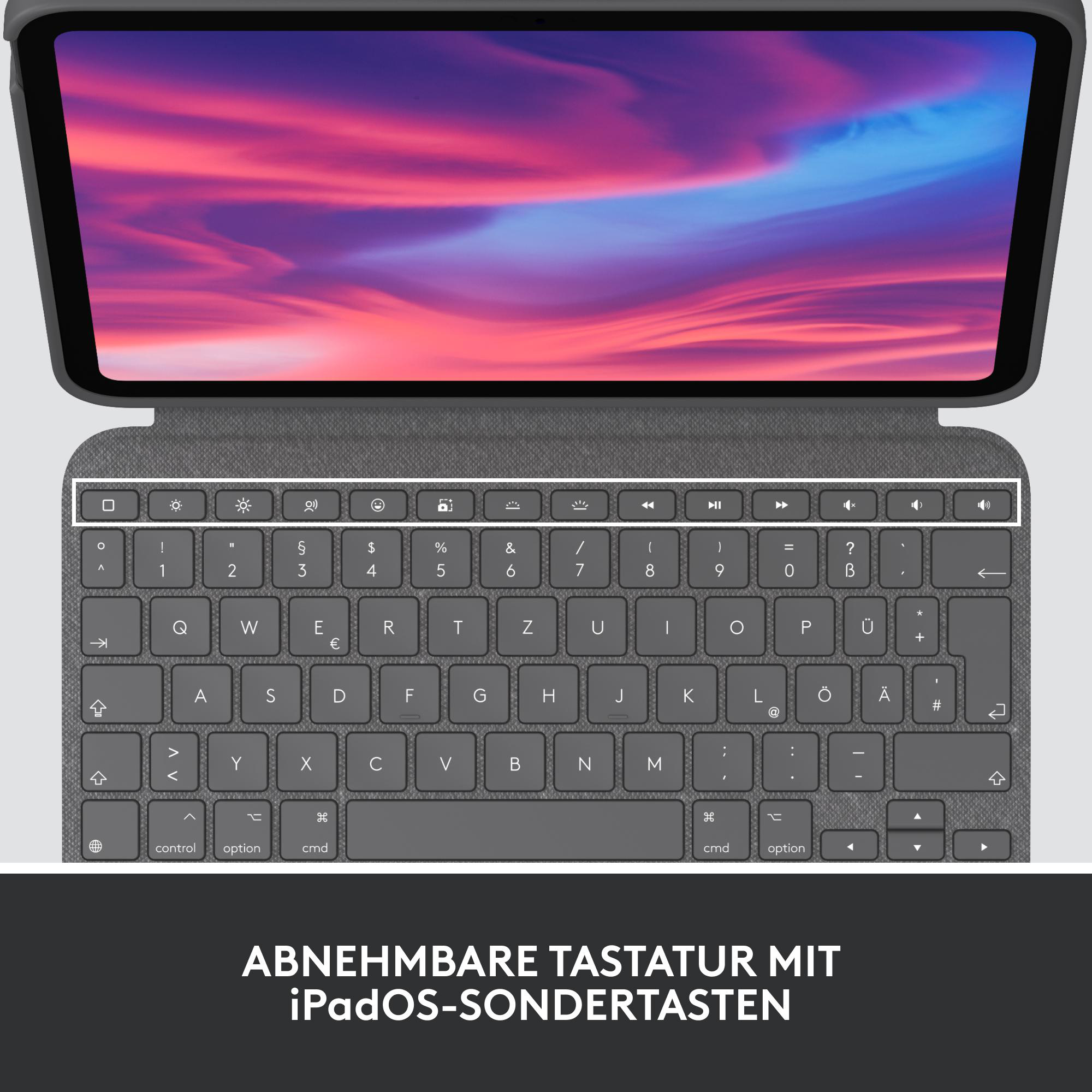 Tablet mit Tastatur. Der Bildschirm zeigt bunten Himmel. Tastatur hat iPadOS-Tasten.