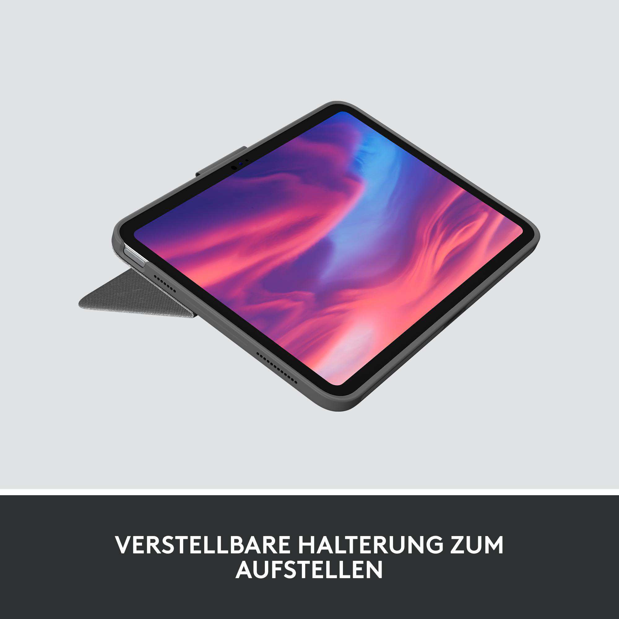 Ein iPad in einem grauen Gehäuse mit einem dreieckigen Ständer. Der Bildschirm zeigt ein Bild.