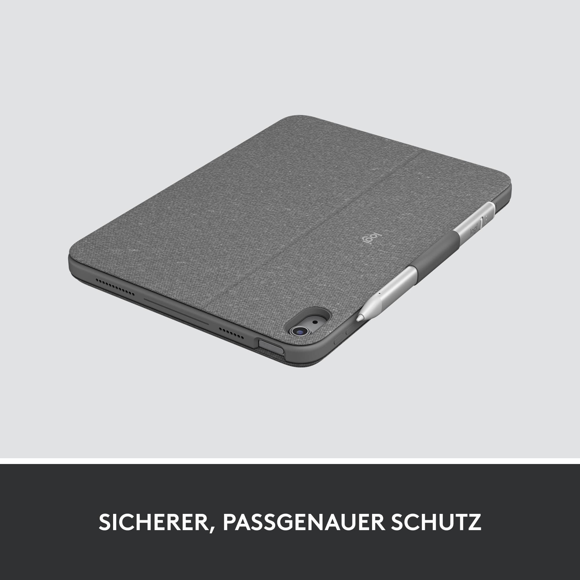 Ein graues Tablet mit Stift auf grauer Oberfläche. Text: Sicherer, passgenauer Schutz.