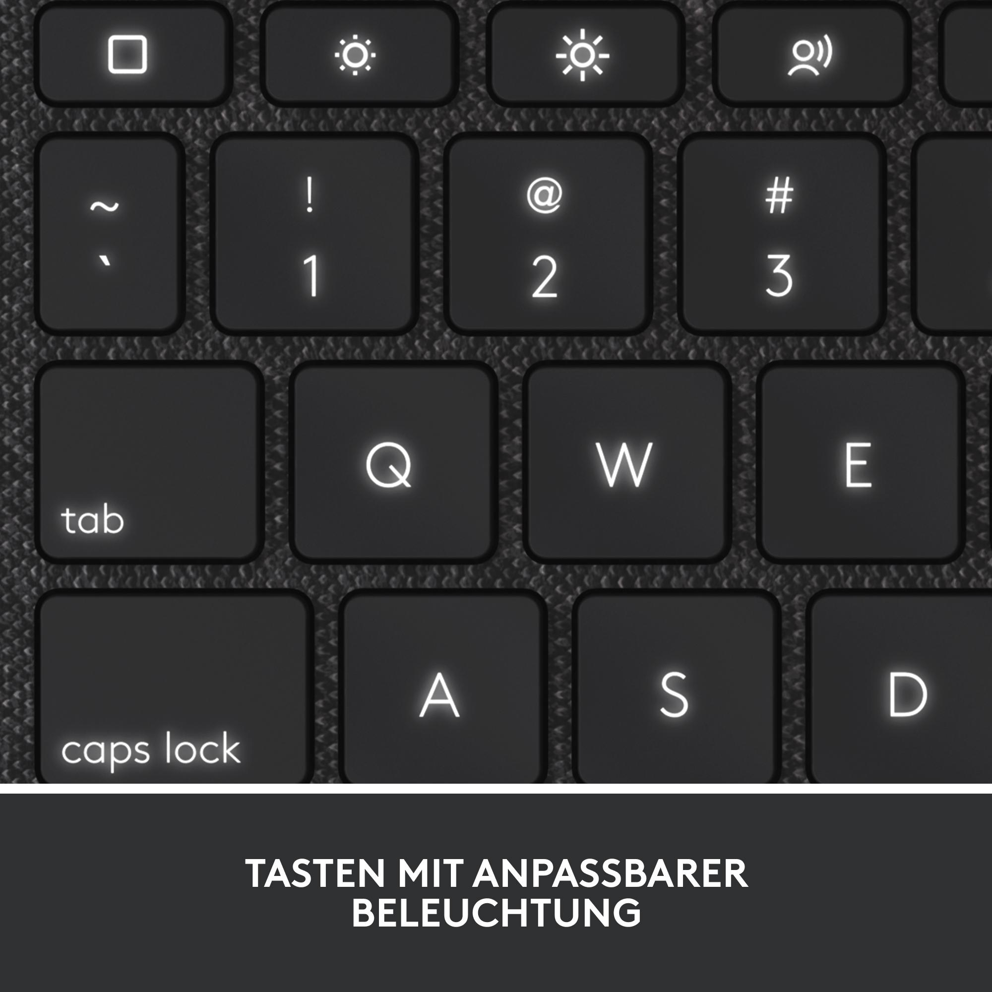 Nahaufnahme von Tastaturtasten. Zeigt einige Tasten mit Buchstaben und Symbolen. Die Tasten sind dunkelgrau.