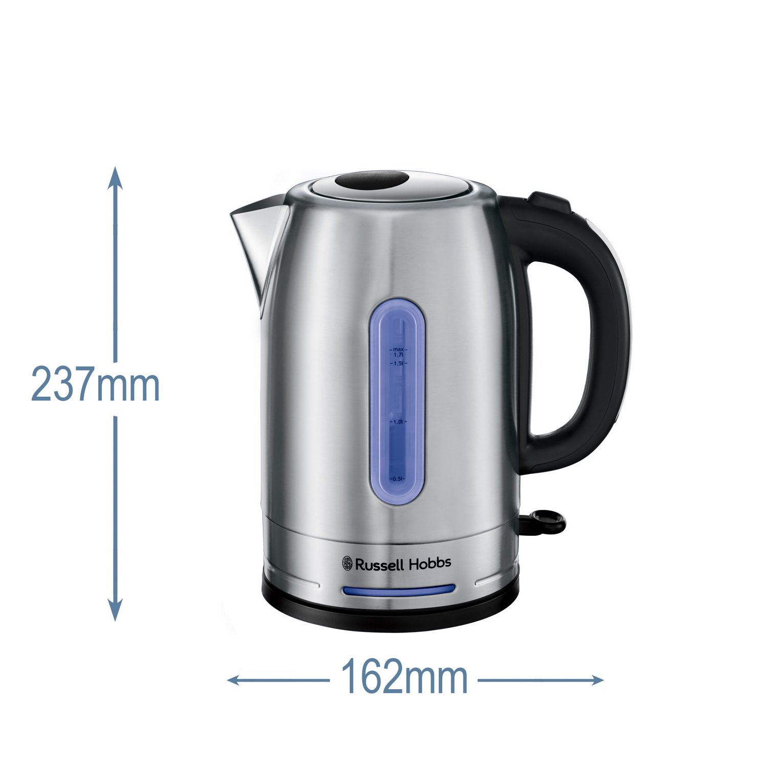Stainless steel Russell Hobbs electric kettle. Dimensions are 237mm high and 162mm wide. Black handle and base.