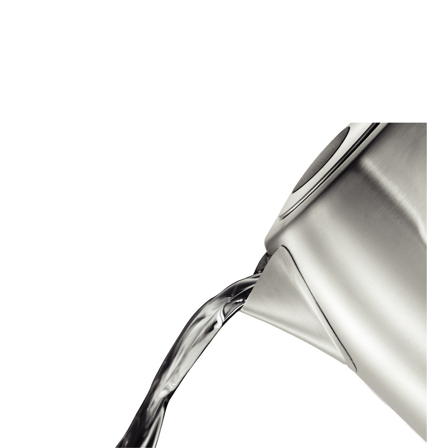 Water pouring from a stainless steel kettle, isolated on a white background.