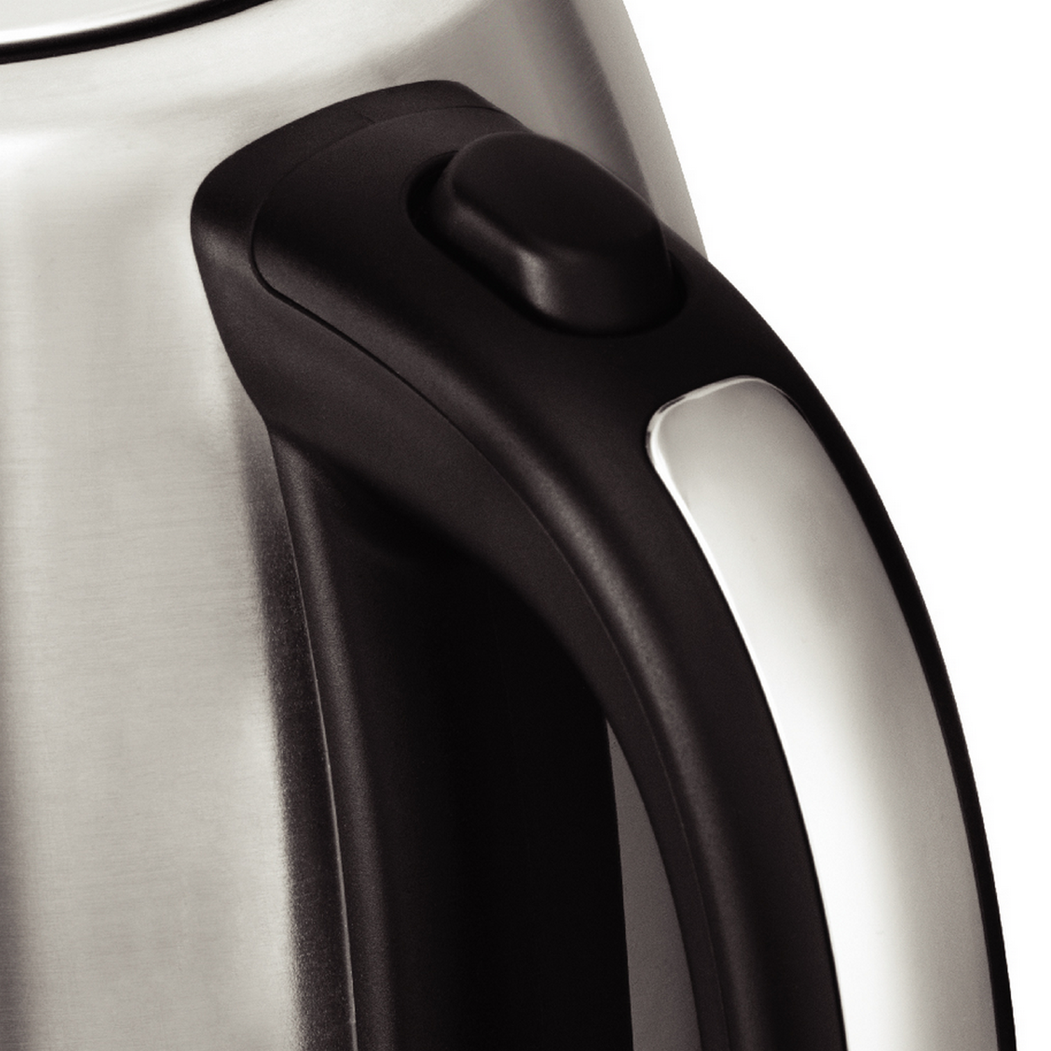 Close-up of a stainless steel kettle's handle and a black button.