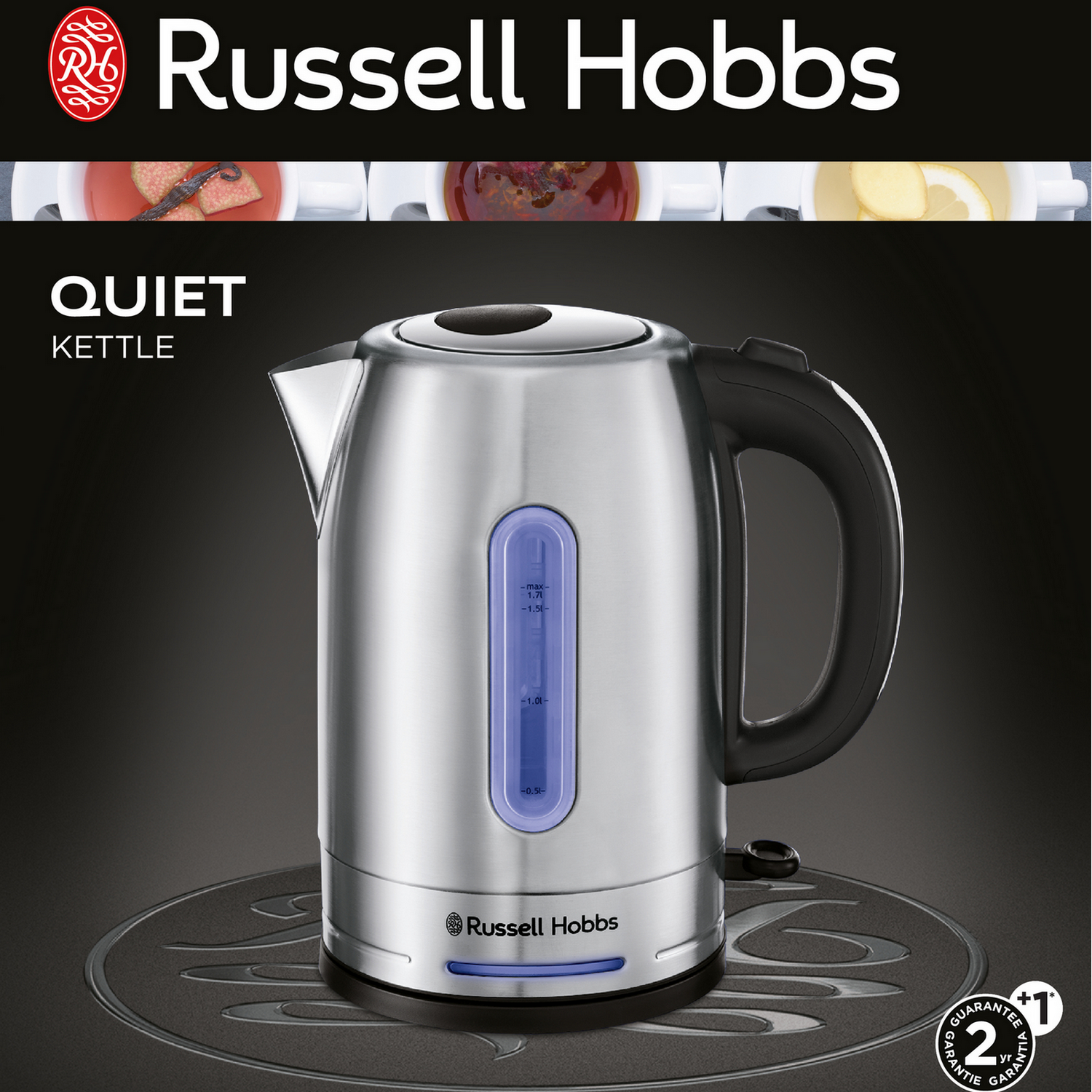 Stainless steel kettle, blue water level indicator, black handle. Russell Hobbs brand.