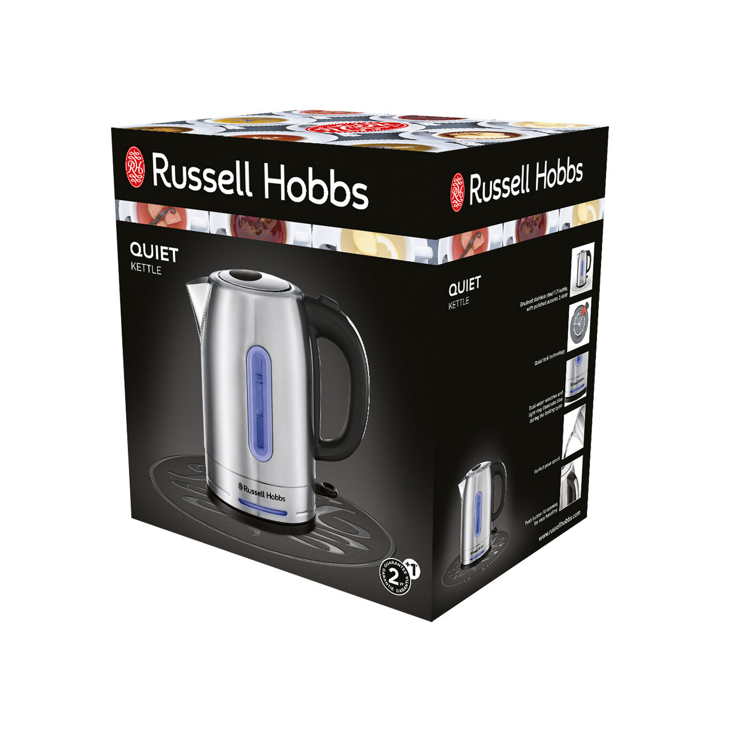 Russell Hobbs Quiet Kettle in a box. Box shows kettle and features.
