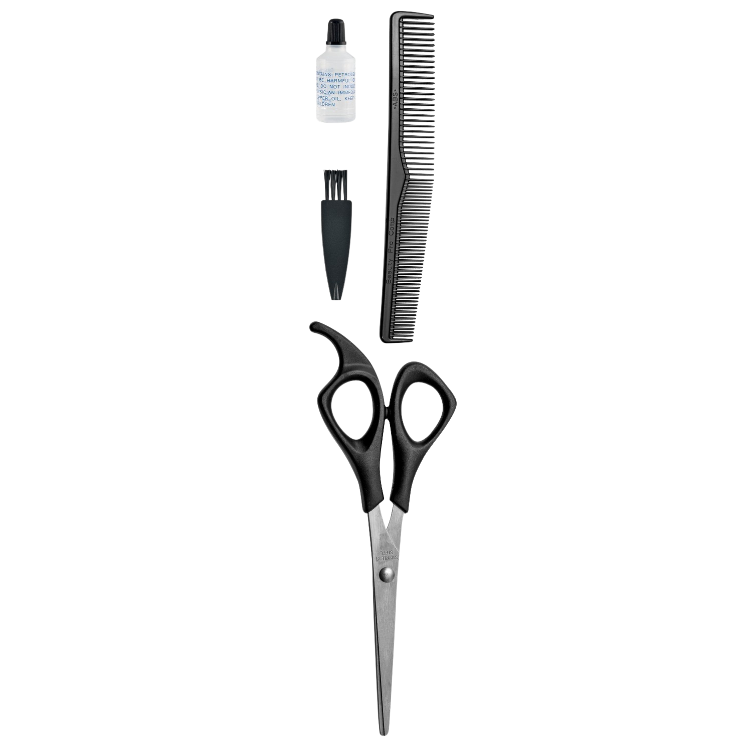 A set of hairdressing tools. Includes scissors, comb, and a small bottle.