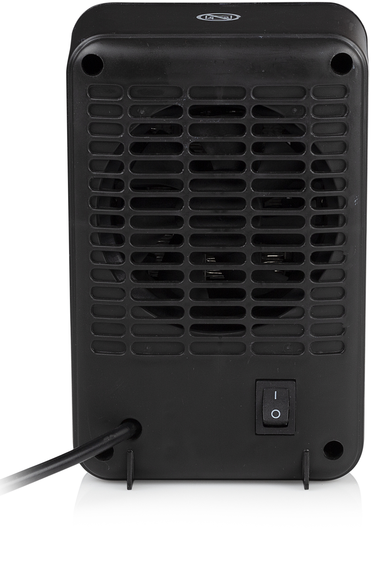 Zwarte elektrische kachel, achteraanzicht, met de ventilator en de aan/uit-schakelaar.