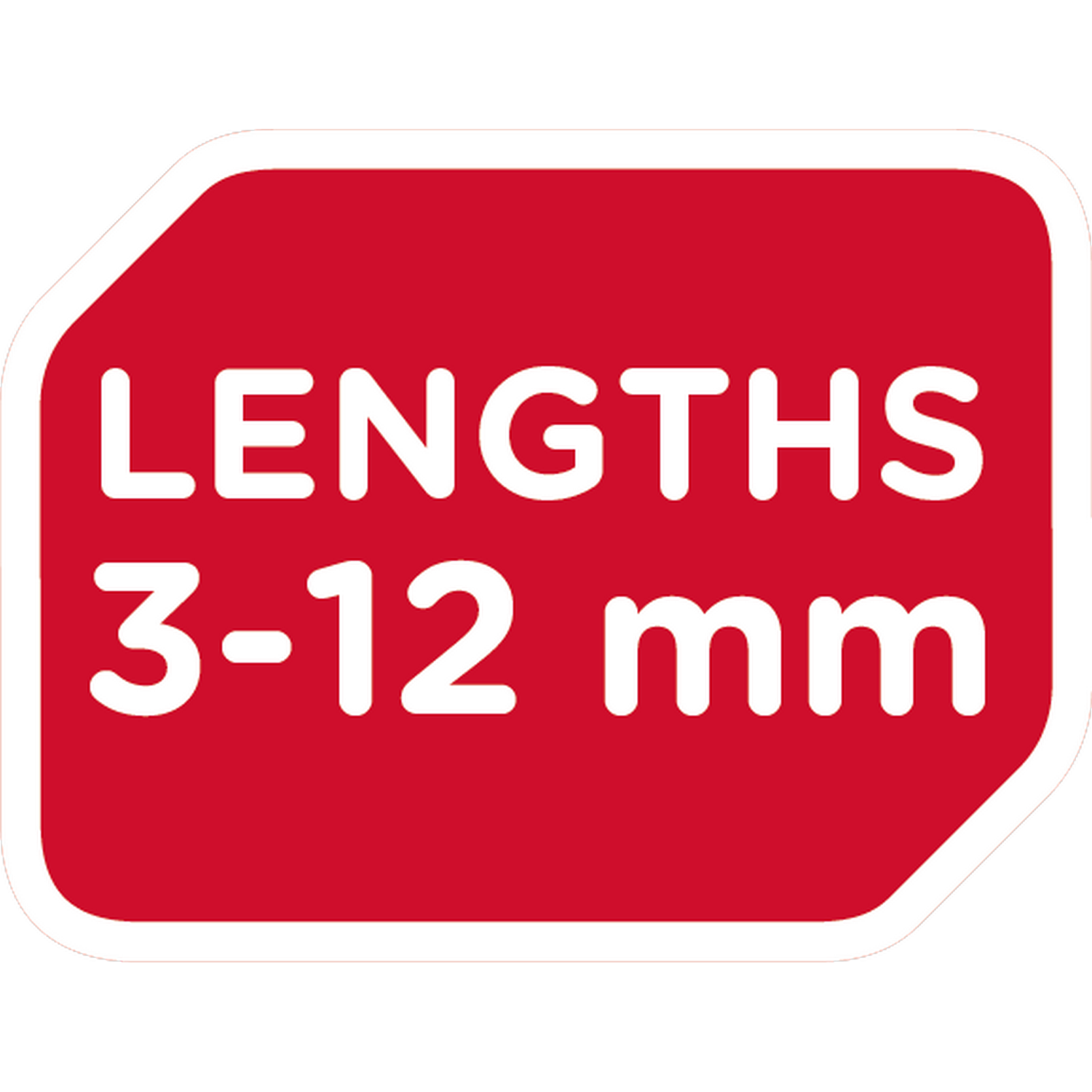 A red, white, and black sign with the text 'LENGTHS 3-12 mm'.